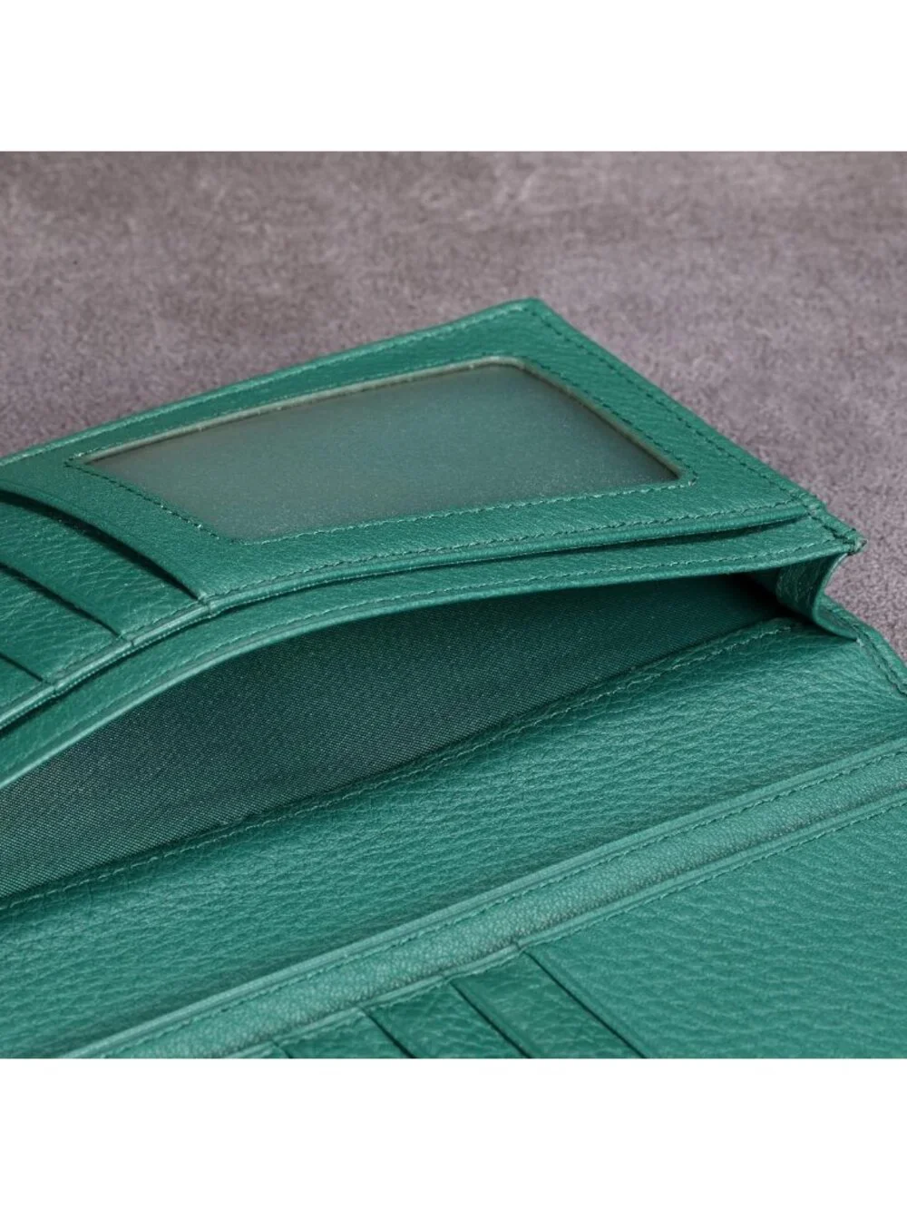 Men's Full Grain Leather Long Wallet - 15 Card Slots, Pebbled Green Design